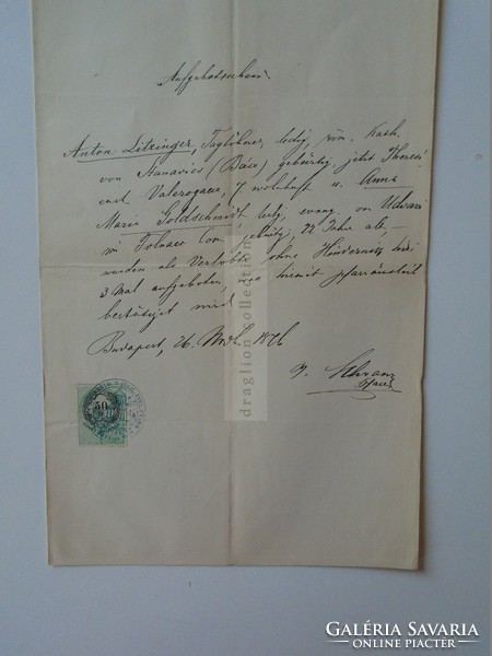 ZA393.9 Régi dokumentum  Budapest  1876 - Anton Litzinger - -Maria Goldschmidt - (UDVARI, Tolna)