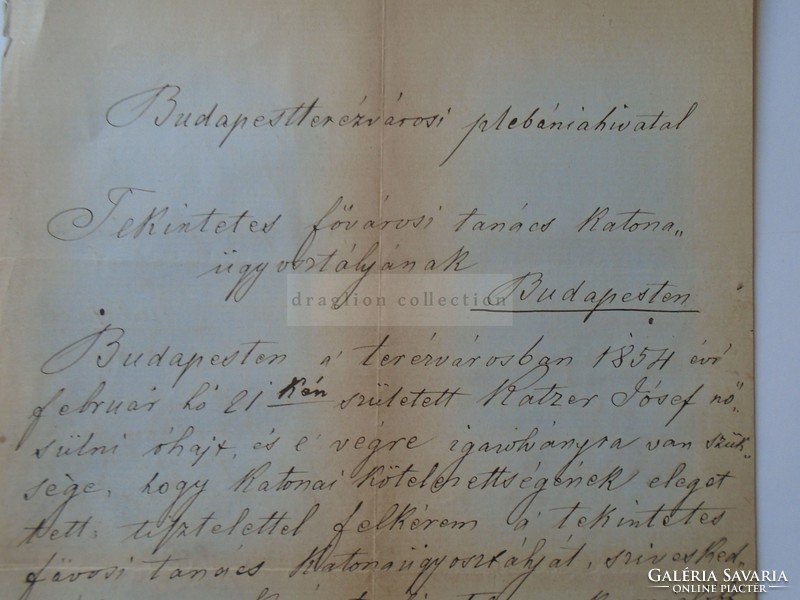 Za391.12 Old document of the Metropolitan Council of the Military Department of Katzer Joseph - 1876