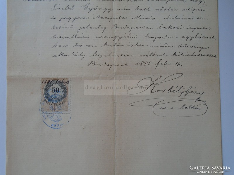 ZA392.8 Régi dokumentum   Budapest 1885 - Korbély Géza  aláírásával  - Tribl György cipész