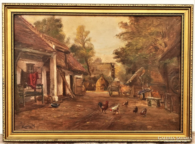 Egerváry Potemkin Ágost (1858-1930) Baromfiudvar c. festménye EREDETI GARANCIÁVAL!