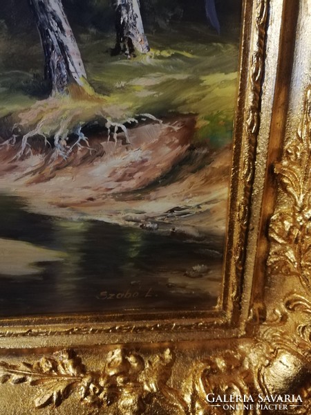 László Szabó - forest detail (40 x 50, oil, fabulous gilded blonde frame)