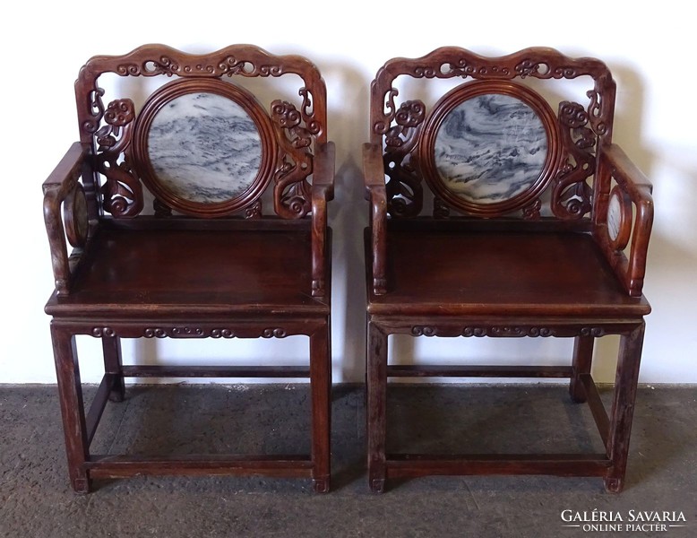 1F739 pair of beautiful oriental orientalist marble hardwood reclining chairs from the early 1900s