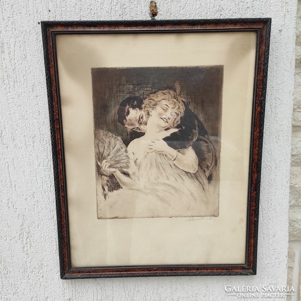 Cozy colored etching in a frame, courtship! Paul Pavlovits: Seduction