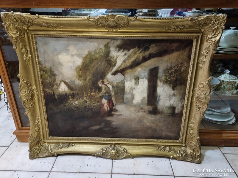 Old oil canvas picture in gilded frame