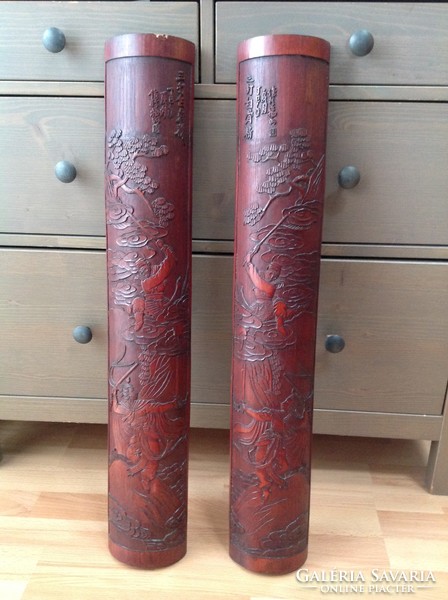 Pair of old chinese hand carved bamboo wall ornament