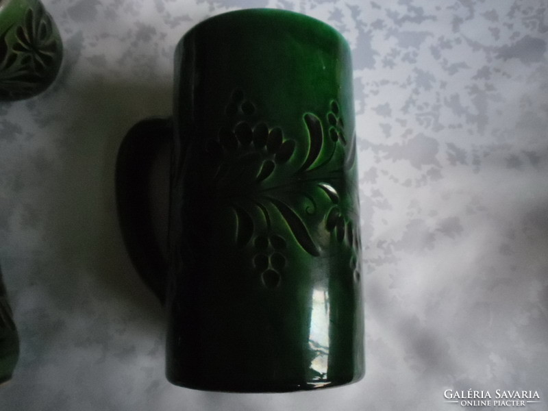 Green glazed folk ceramic cup 6 pcs, jug. Jug
