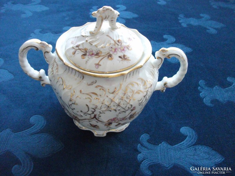 Royal vienna rococo with gold contoured flower, insect and embossed pattern in large sugar bowl