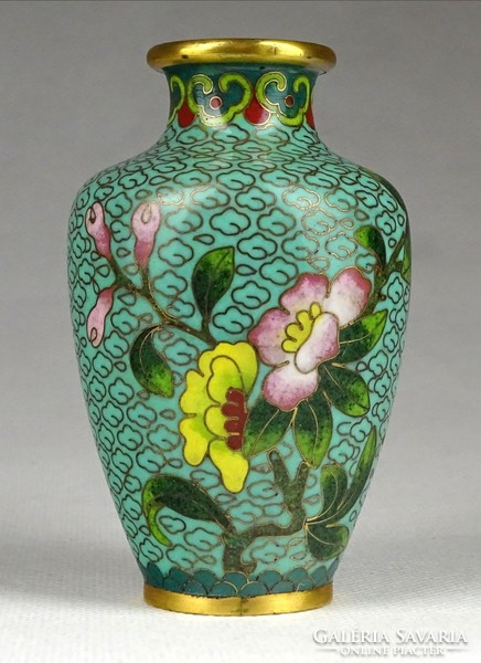 1H863 Régi tűzzománc rekeszzománc virágos japán váza 8 cm