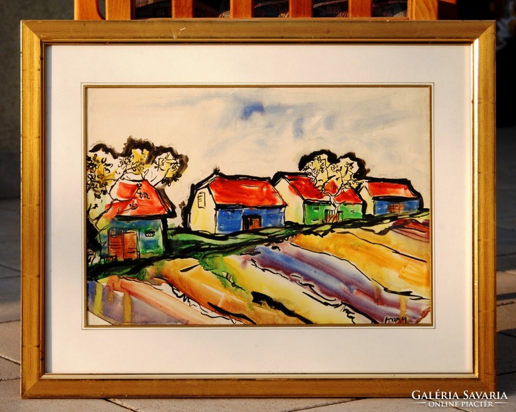 Adam: roadside house row - watercolor, framed