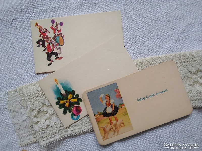 3 db régi grafikus húsvéti/karácsonyi üdvözlőkártya nyuszizenekar, kislány népviseletben 1940 körül