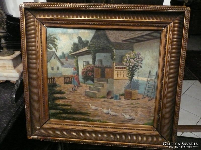 Antique oil painting in beautiful frame with gardener's signature 53 * 50 cm