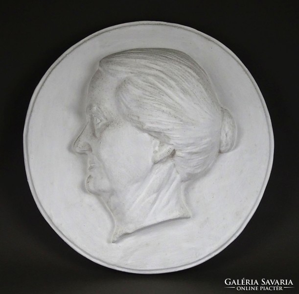 1H647 old large plastic female portrait plaster relief 36 cm
