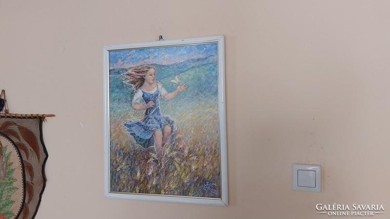 (K) Kislány pillangóval 43x54 cm kerettel impresszionista festmény