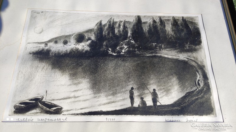 Chorus Joseph - backwater with anglers - signed etching
