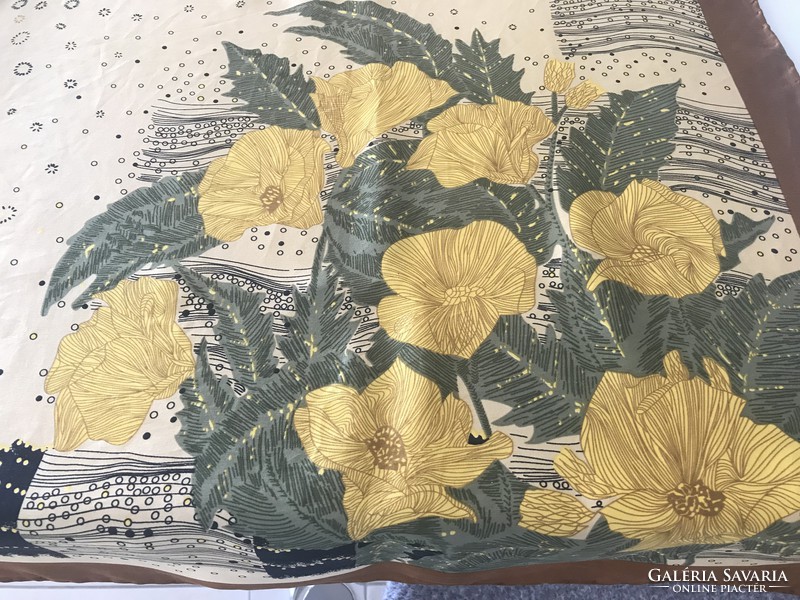 Vintage silk scarf with yellow flowers, huali design, 105 x 107 cm