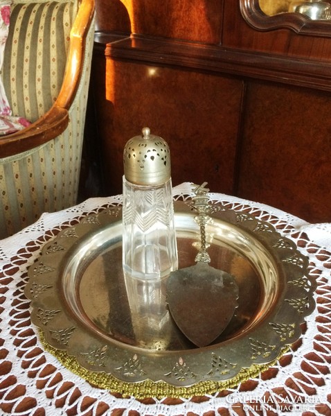 Antique, silver-plated, alpaca powdered sugar with a rare-shaped cake tray on a perforated-edged tray
