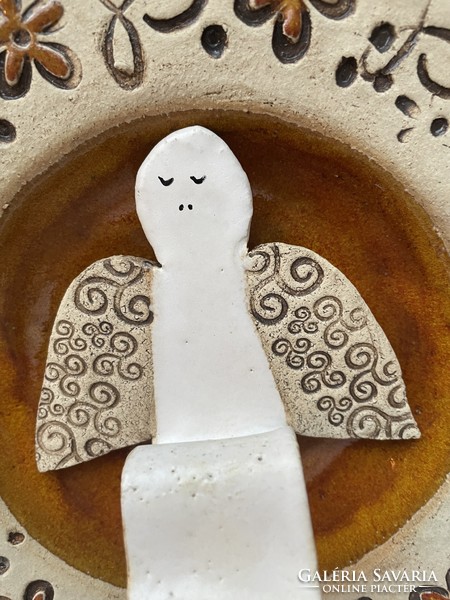 Borostyán mázas kézműves samott kerámia tányér