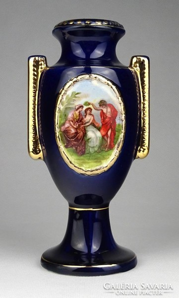 1H682 Antik kobaltkék színű fajansz váza allegorikus jelenettel 15.5 cm