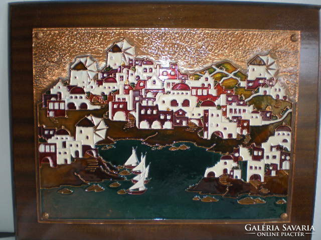 Enamel painted copper, embossed image on a wooden background. Greek landscape, handmade artwork.