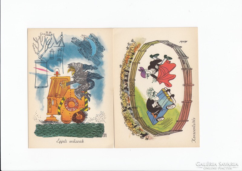 Közlekedési Karikatúrák képeslap postatiszta 18 db egyben saját összehajthatós papír tartójában