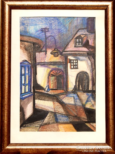 Contemporary artist: evening in the old town - unique work, antique gold frame
