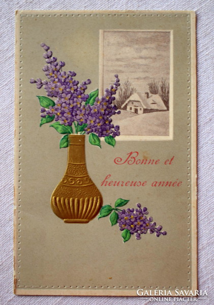Antik dombornyomott Újévi üdvözlő képeslap virágcsokor tájkép