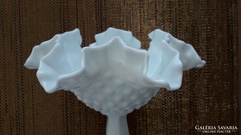 Old white chalcedony glass goblet with ruffled edge milk glass base small bowl 15 cm