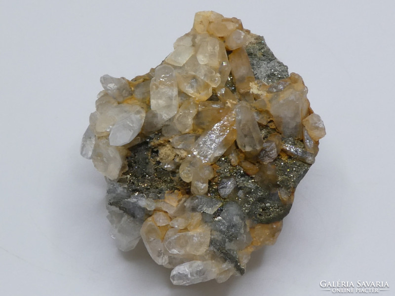 Natural calcite crystals with tiny pyrite grains on the bedrock. Gyöngyösoroszi.