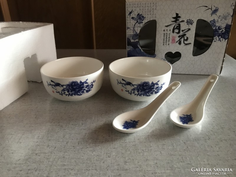 Új étkészlet 2 személyes Kínai porcelán tál rizses tál és hozzá porcelán kanál