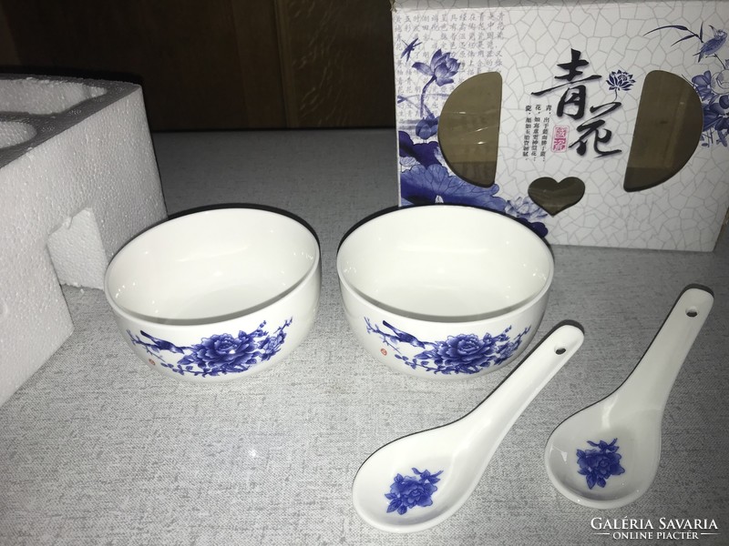 Új étkészlet 2 személyes Kínai porcelán tál rizses tál és hozzá porcelán kanál