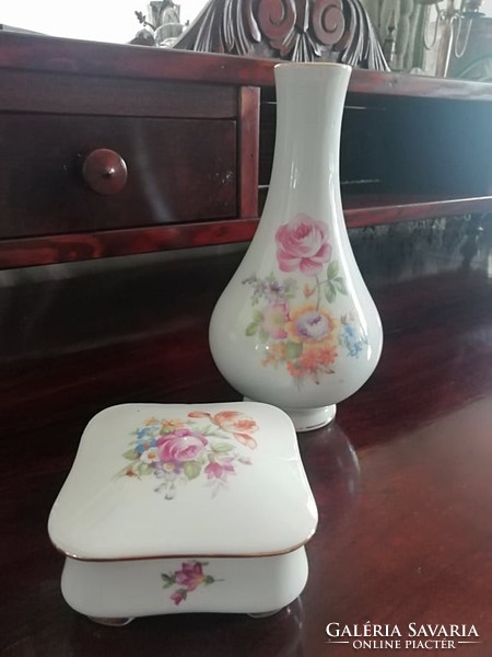 Német virágos Lippelsdorf porcelán doboz és váza