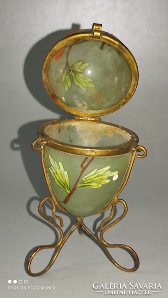 Antique delightful filigree copper fixture stained glass ovary box
