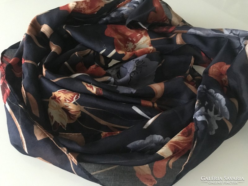 Women's scarf on a deep blue background with bright flowers, 180 x 60 cm