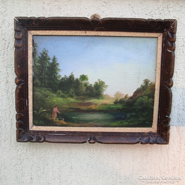 Landscape in a wooden frame, meticulous elaboration in miniature style! Austrian, alpine, Tatra style painting,