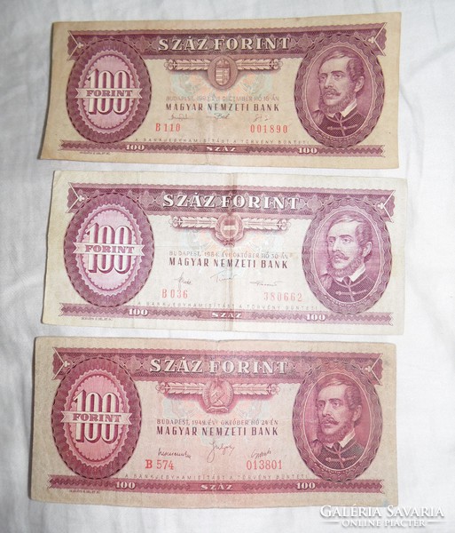 3 darab Száz forintos bankjegy  különböző címerrel