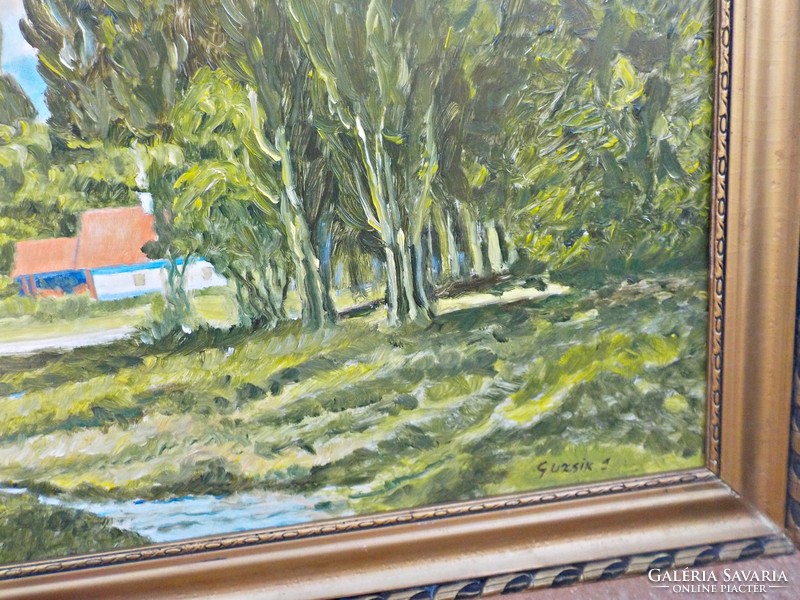 Guzsik j: forest house, 71x51 oil - wood fiber painting