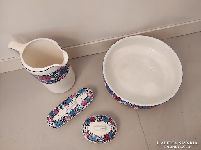 Antik porcelán fürdőszoba mosdó készlet lavór kancsó szappan és fogkefe tartó 5234
