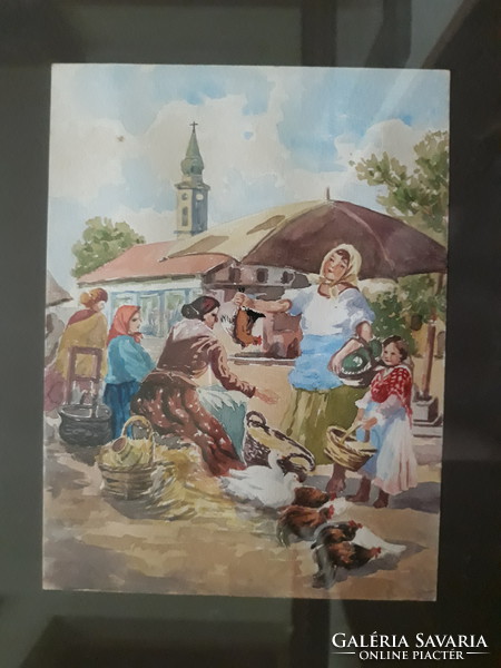 Cheerful village market - unknown watercolor
