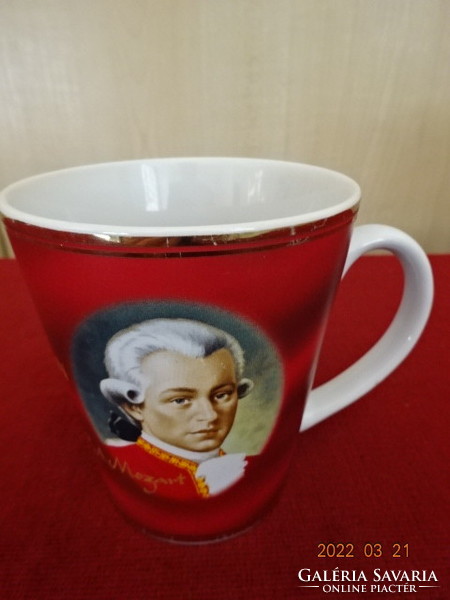Német porcelán pohár, Mozart felirattal és arcképpel. Vanneki! Jókai.