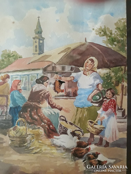 Vidám falusi piac - ismeretlen akvarell