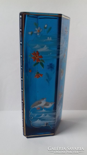 Antik zománc festett madaras kék üveg váza