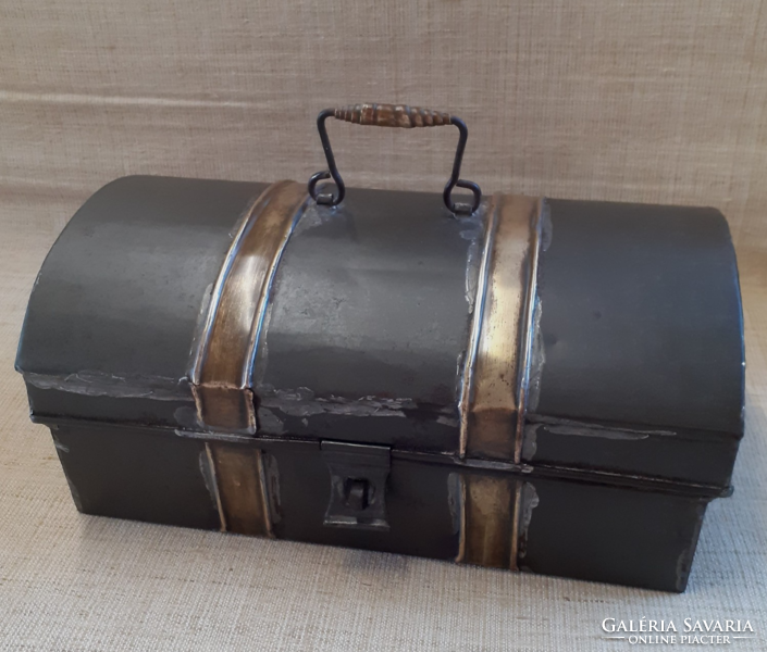 Old custom handmade metal lockable box chest with a small padlock on it