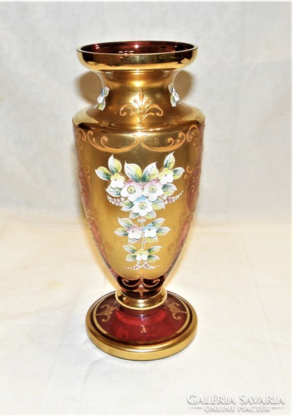 Bohemia ruby red vase richly gilded decorated with plastic flowers - 27 cm