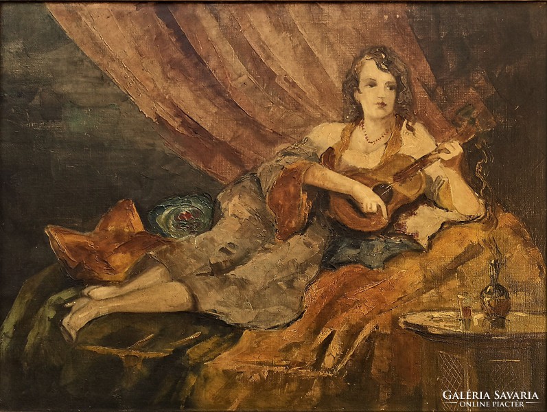 Szabó Béla Leó (1887 - ) Hölgy gitárral.c festménye 1910 körüli 100x80cm Eredeti Garanciával!