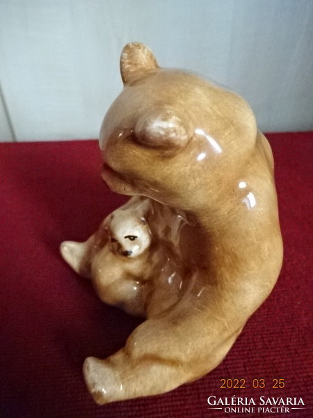 Bodrogkeresztúr glazed ceramic figurine, brown teddy bear with small bocce. He has! Jókai.