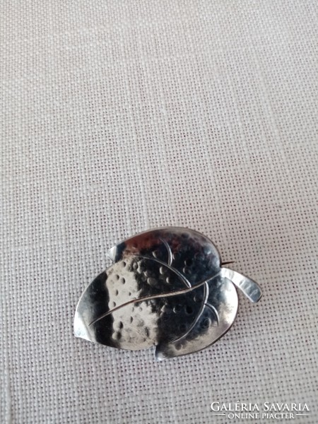 Old, silver-plated leaf-shaped industrial goldsmith brooch / pin