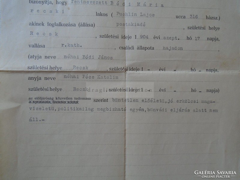Za397.24 Official moral certificate 1931 Mária Recsk Bódi - Heves County