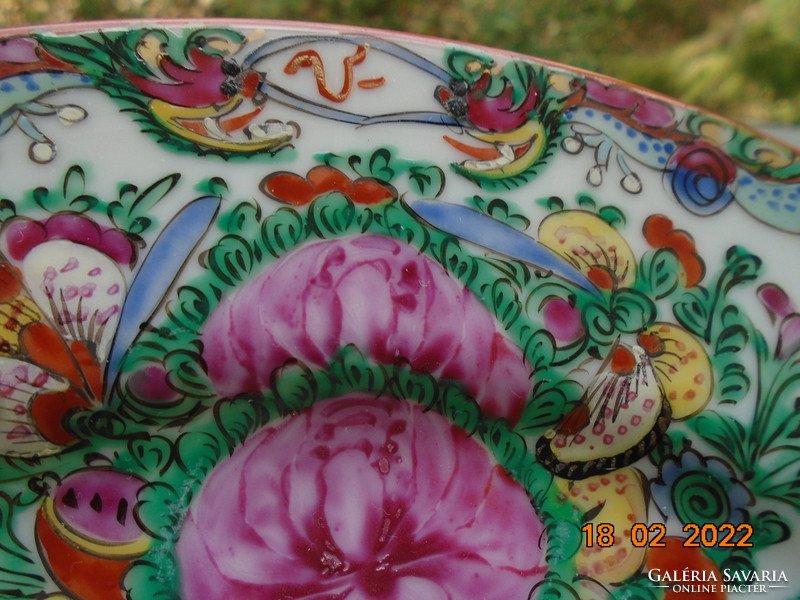 Antik ritka Sárkányos Canton Rose mintás kézzel festett  dísztál kidomborodó színes zománccal