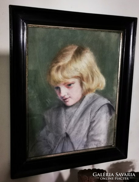 Antique little girl portrait, pastel picture