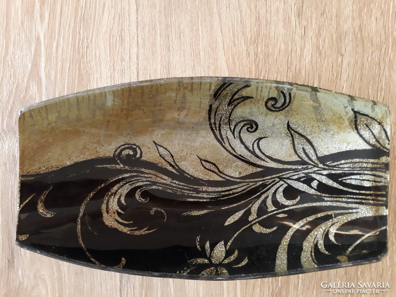 Boat shaped black and gold floral glass bowl